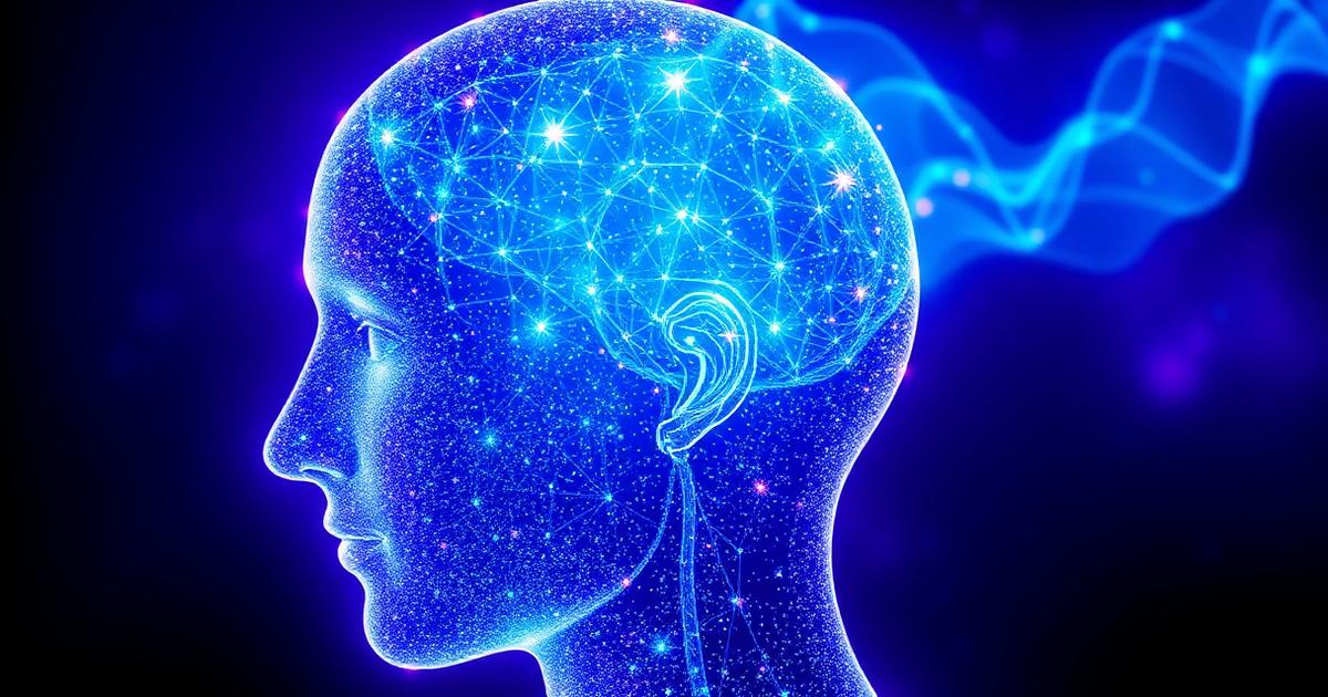 Leuchtender Kopf aus Datenpunkten mit Marktwellen – Trading-Psychologie